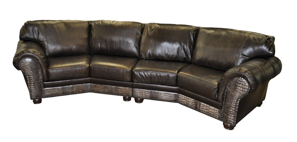 Brown leather sectional sofa with croc embossed leather on front arm posts and rail on a white background