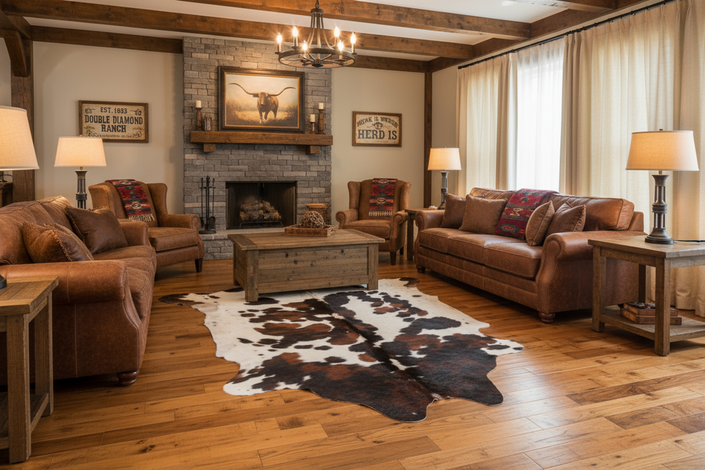Cozy living room with brown furniture, a fireplace, and a cowhide rug.