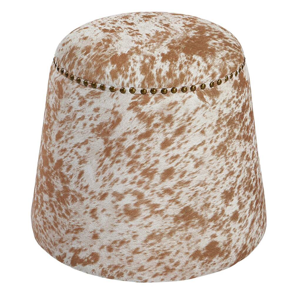 Accent ottoman in chestnut faux cowhide, featuring a multi-functional design with brass trim.