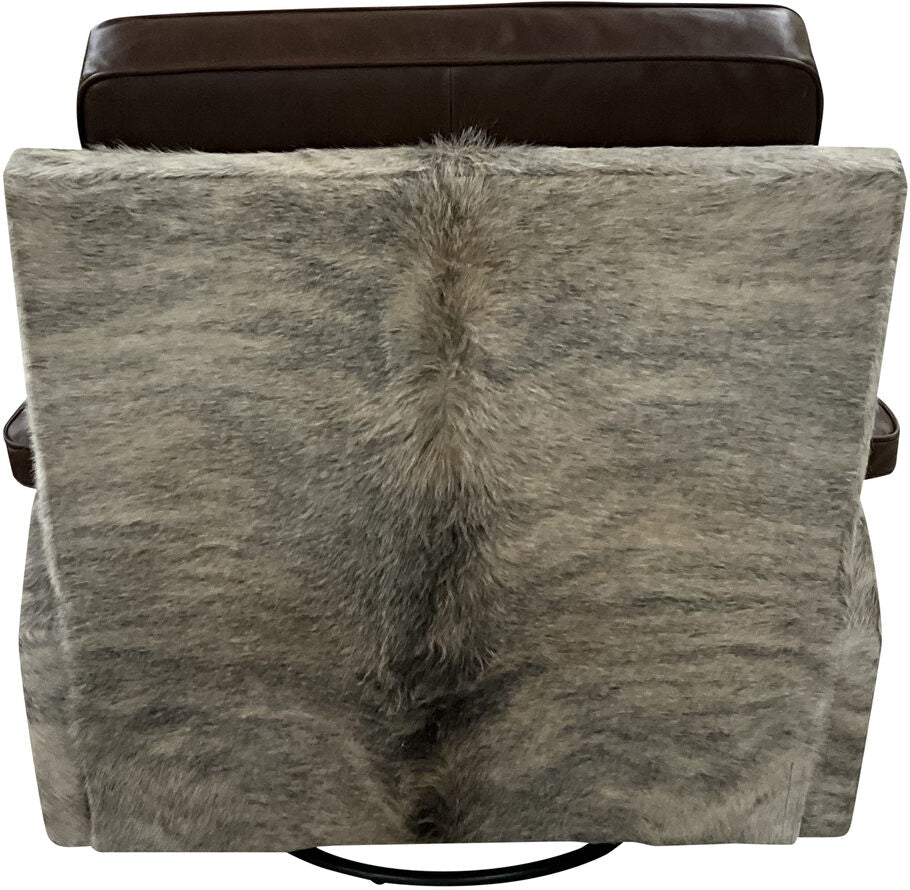 Rear view of the Musician's Rocker Recliner displaying the light exotic cowhide wrap and Gator Rustic Walnut leather accents.