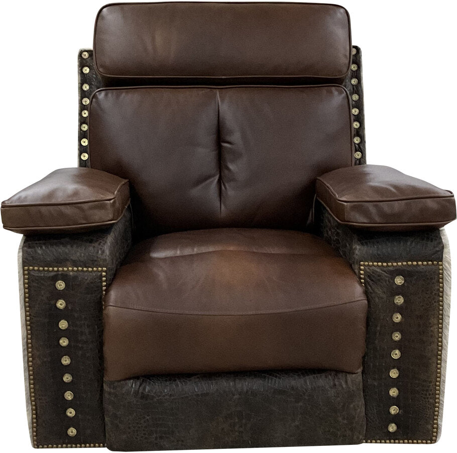 Front view of the Musician's Rocker Recliner showcasing Cowboy Bourbon leather upholstery with Gator Rustic Walnut accents and light exotic cowhide detailing on the arms and back.