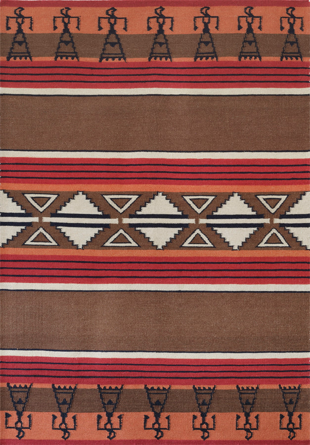 Rug with geometric pattern featuring triangles and stripes on a brown background