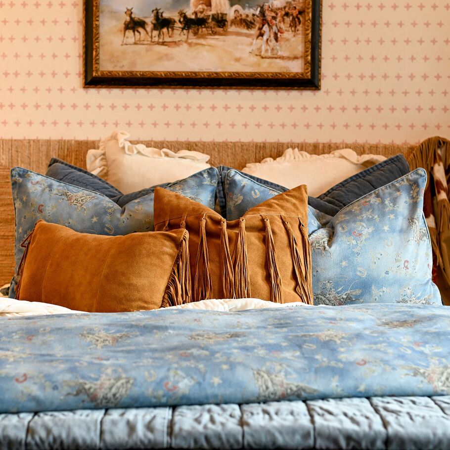 Close-up of the Nautical Western Bedding Set, detailing the intricate Western-themed designs and washed denim texture.