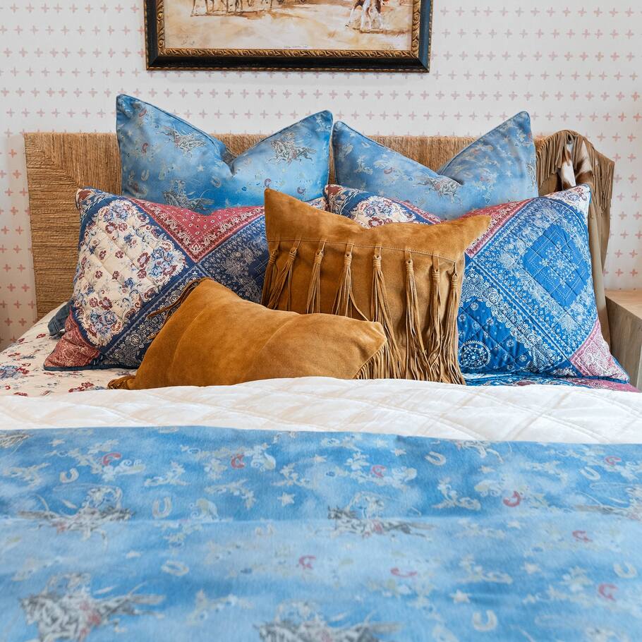 Front view of the Nautical Western Washed Denim Bedding Set, showcasing the comforter and matching shams with Western-themed patterns.
