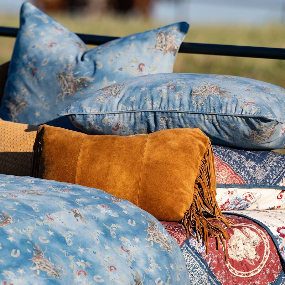 Pair of Nautical Western Pillow Shams, featuring matching Western-themed designs on washed denim fabric.
