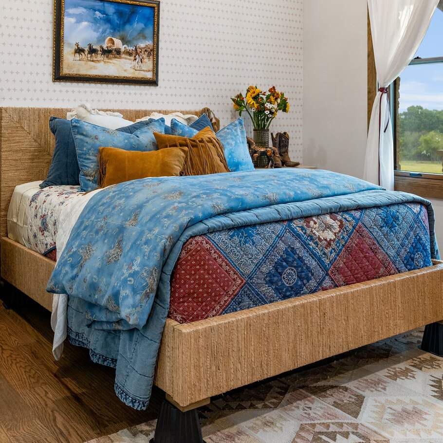 Styled bedroom featuring the Nautical Western Washed Denim Bedding Set, highlighting its rustic charm and Western motifs.