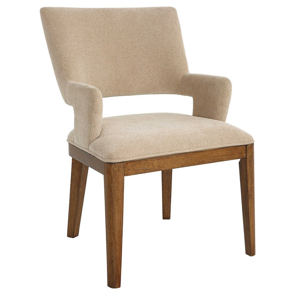 Elegant Aspen chair with transitional elements, unique angled backrest, and pecan-stained base.