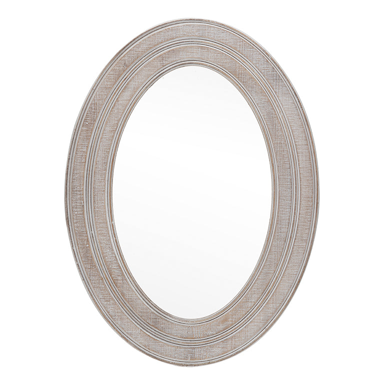 Oval mirror with a textured silver frame on a white background