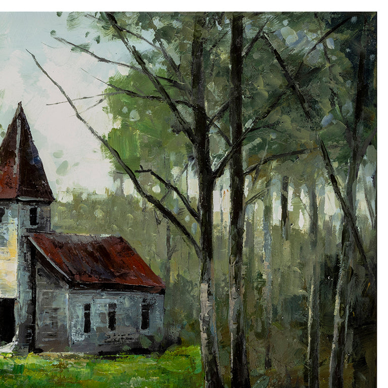 Painting of a small house with a red roof surrounded by trees