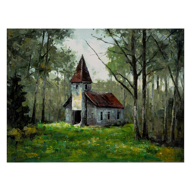 Painting of a small church surrounded by trees in a forest