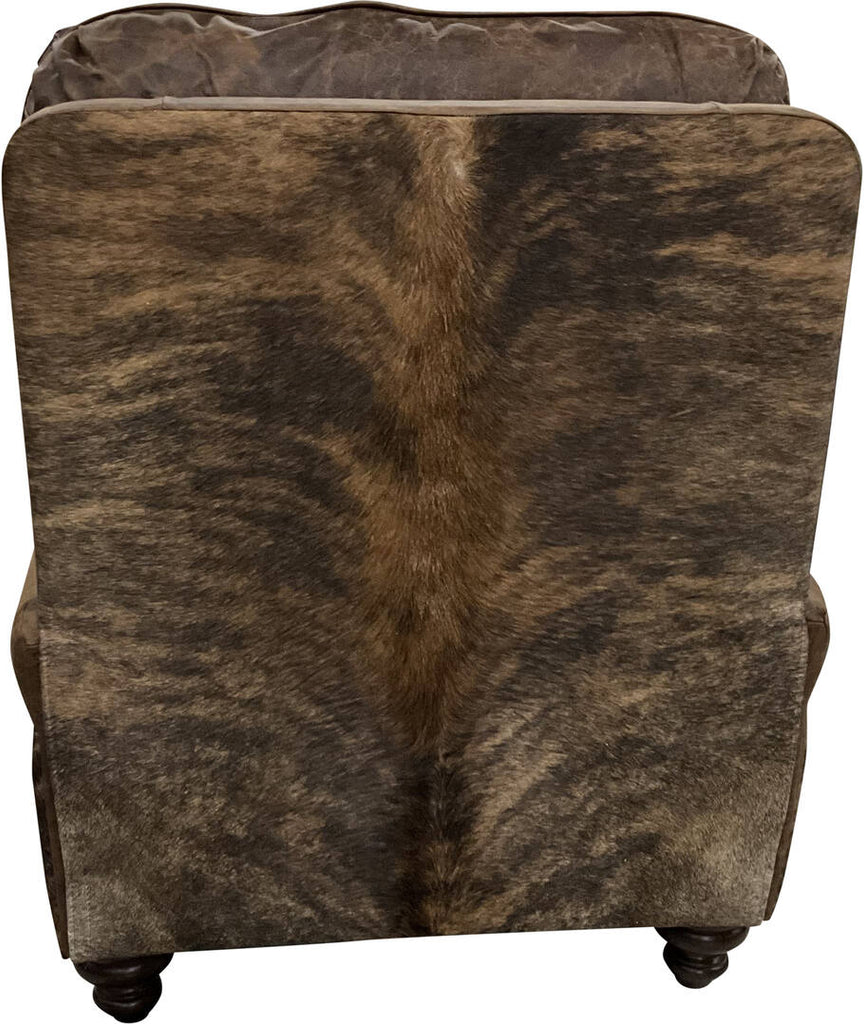 The back of the Pecan River Recliner, elegantly wrapped in medium exotic brindle cowhide, highlighting its unique textures and luxurious western aesthetic.