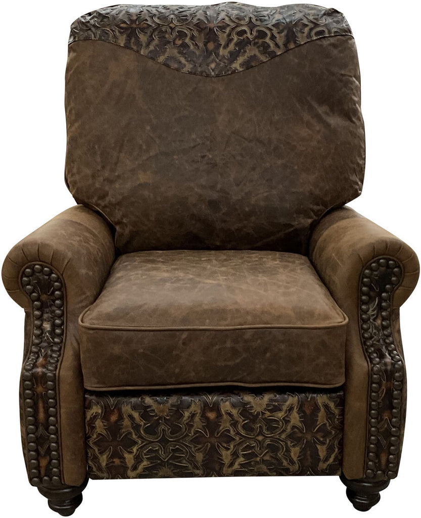 A front view of the Pecan River Recliner, featuring rich Cora Pecan leather, Del Rio Brown accent leather, and medium exotic brindle cowhide on the arms and back for a striking western-inspired design.