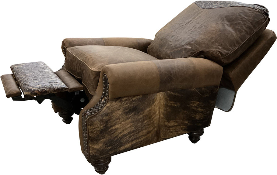 A side view of the Pecan River Recliner in its fully reclined position, showcasing its plush Cora Pecan leather upholstery, medium exotic brindle cowhide accents, and embossed leather footrest for a luxurious western-inspired design.