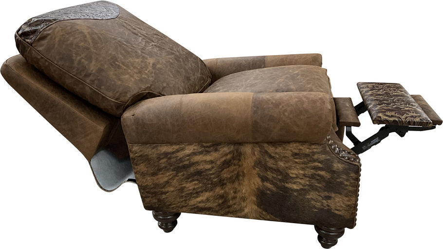 A side view of the Pecan River Recliner showcasing its sturdy frame, smooth pushback reclining mechanism, and the seamless blend of high-quality leather and cowhide accents.