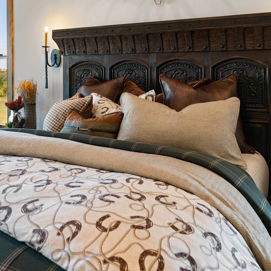 Alternate angle of the Prieto Equestrian Bedding Set on a bed, providing a different perspective of the design layout.