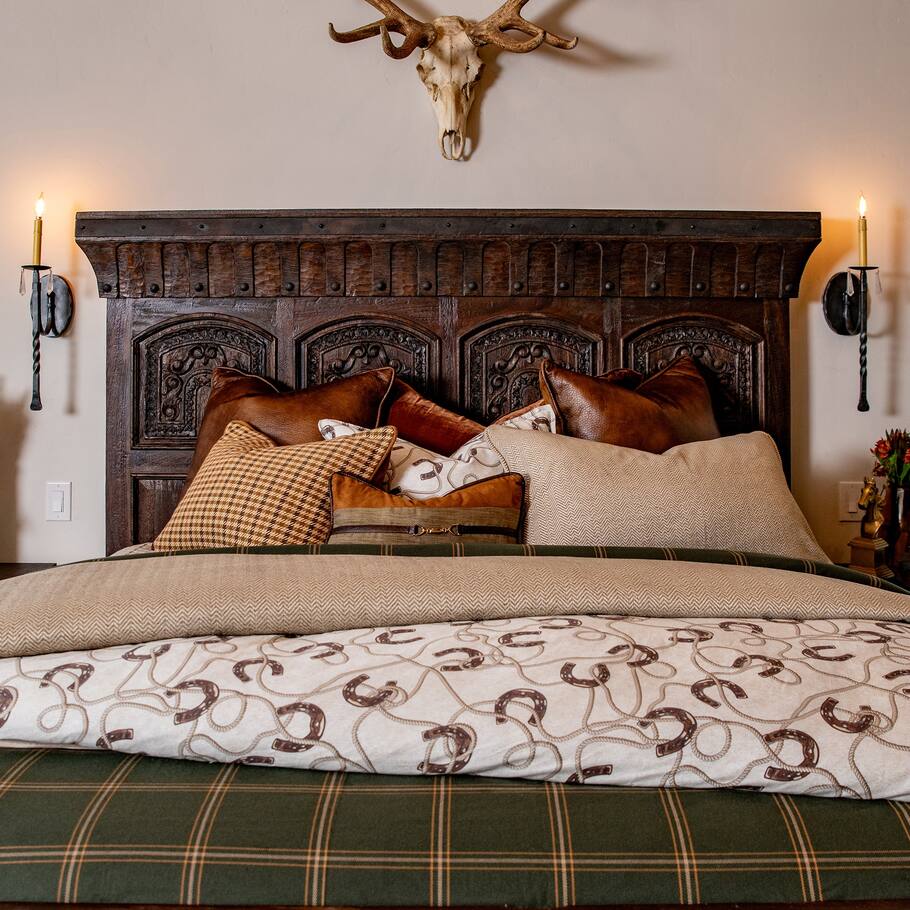 The Prieto Equestrian Bedding Set styled in a rustic bedroom setting, paired with wooden furniture and equestrian-themed decor.
