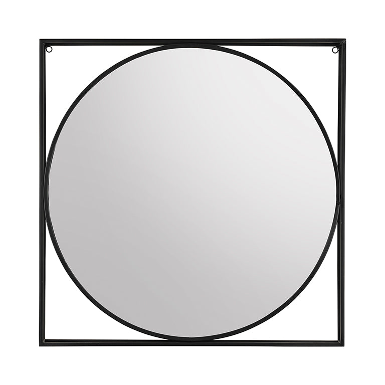 Round mirror with a black frame on a white background