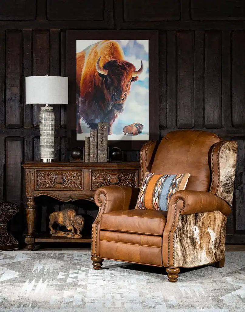 The Rancher Brindle Recliner showcasing a traditional Western aesthetic with premium materials.