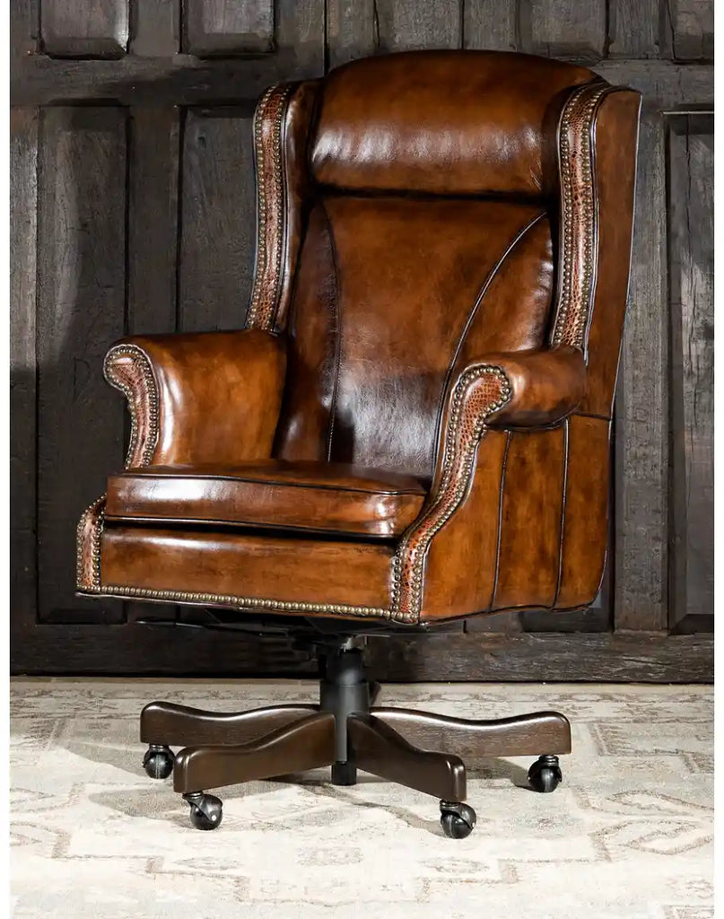 Rancher Executive Desk Chair showcasing its elegant design and hand-antiqued leather.