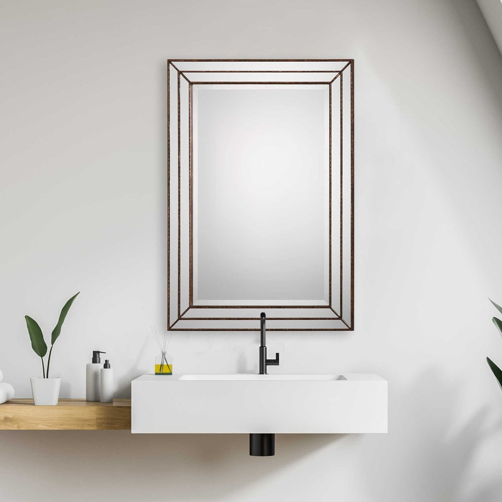Rectangular Spider Web Mirror featuring mirrored inlays, bronze finish, and a beveled center.