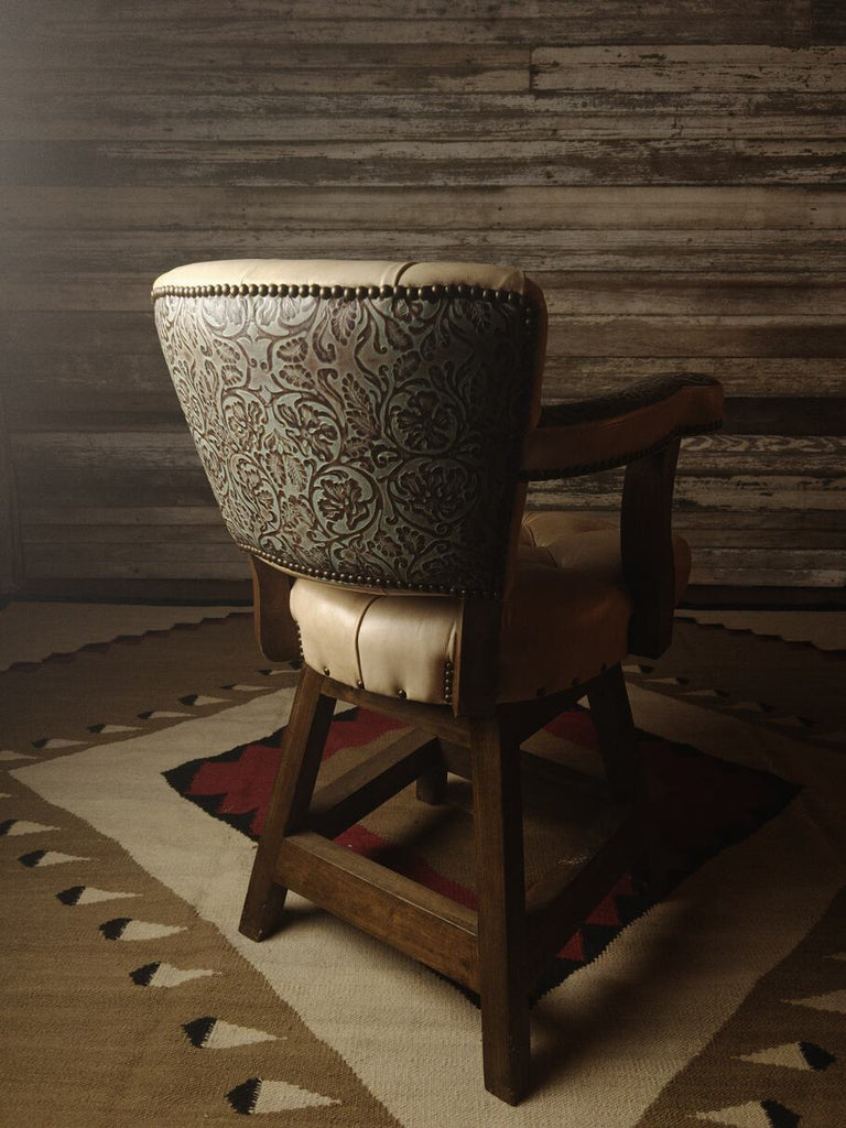 Rear view of the Rio Grande Tufted Barstool displaying the Floral River Reed accent leather covering the entire outside back.