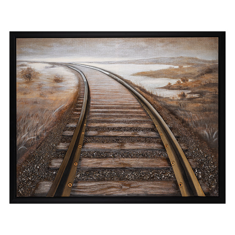 Artistic depiction of a railway track winding through a landscape with a black frame.