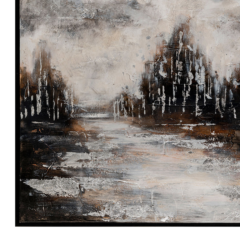 Abstract painting with a river and trees in a landscape