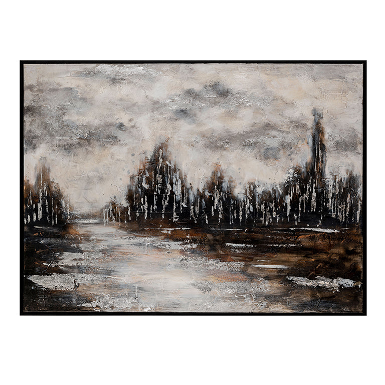 Abstract painting with a landscape of trees and water on a white background
