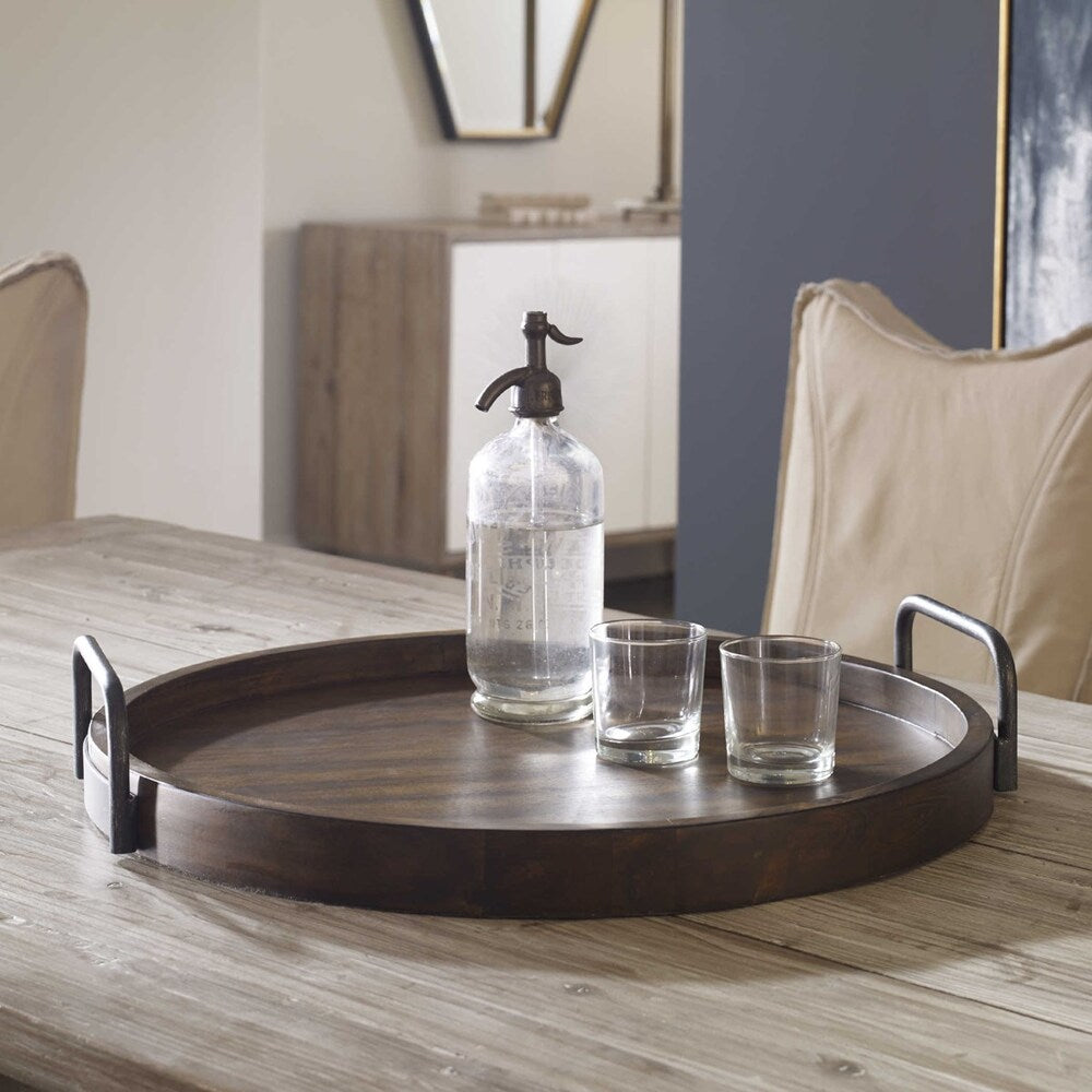 Acacia wood serving tray showcasing a sturdy design with rustic iron handles, ideal for carrying or displaying items with timeless elegance.