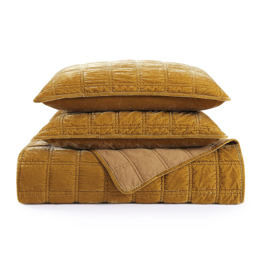Saffron Faux Silk Velvet Quilt Set featuring luxurious double box stitch quilting in a warm saffron hue.