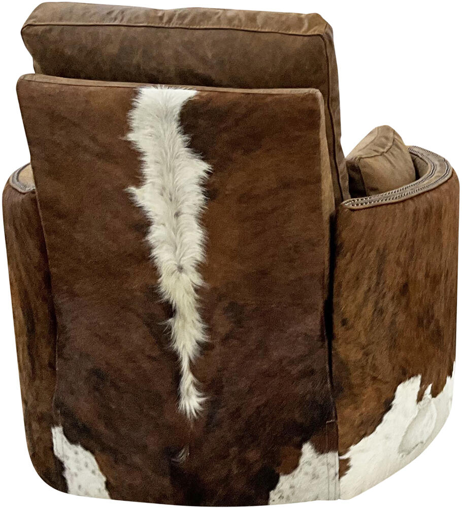 A rear view of the Sahara Brindle Swivel Recliner, showcasing its cowhide-accented outside back, adding a sophisticated Western touch to the modern design.
