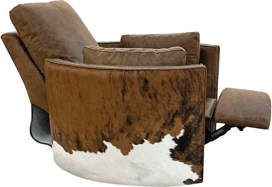 Side profile of the Sahara Brindle Swivel Recliner, featuring a sleek and sturdy base, medium exotic cowhide accents, and luxurious leather craftsmanship.