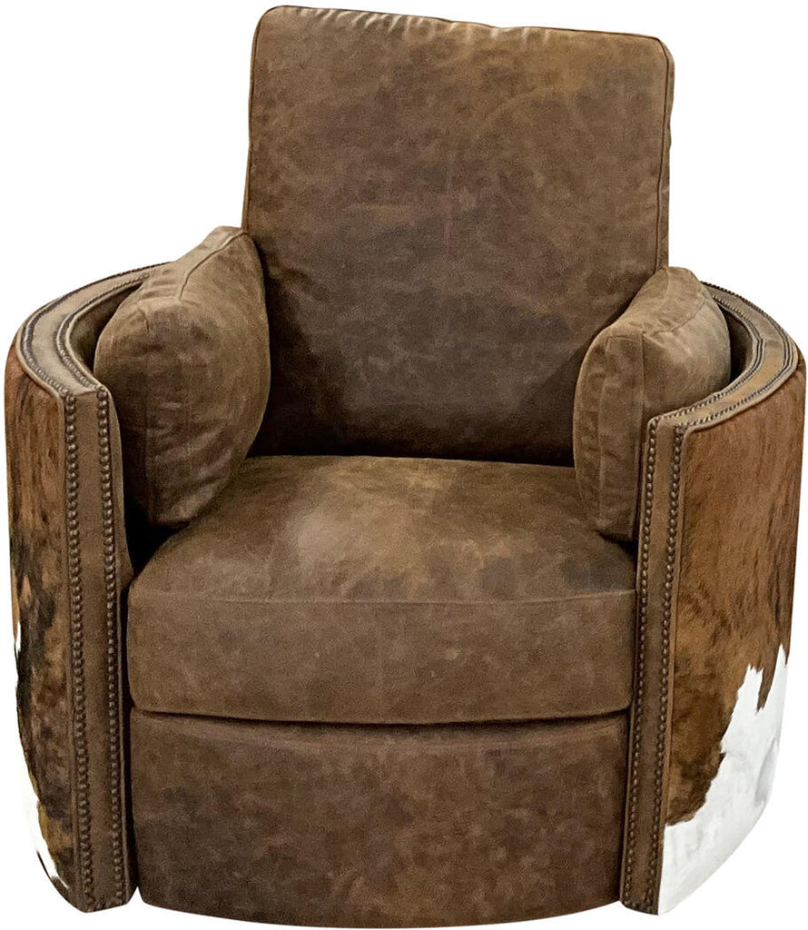 A full front view of the Sahara Brindle Swivel Recliner, showcasing its rich Cora Sierra leather upholstery, rounded arms, and plush cushioned seat for ultimate comfort.