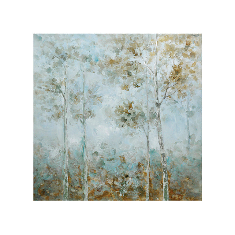 Artistic depiction of trees with a soft, pastel color palette on a light blue background.