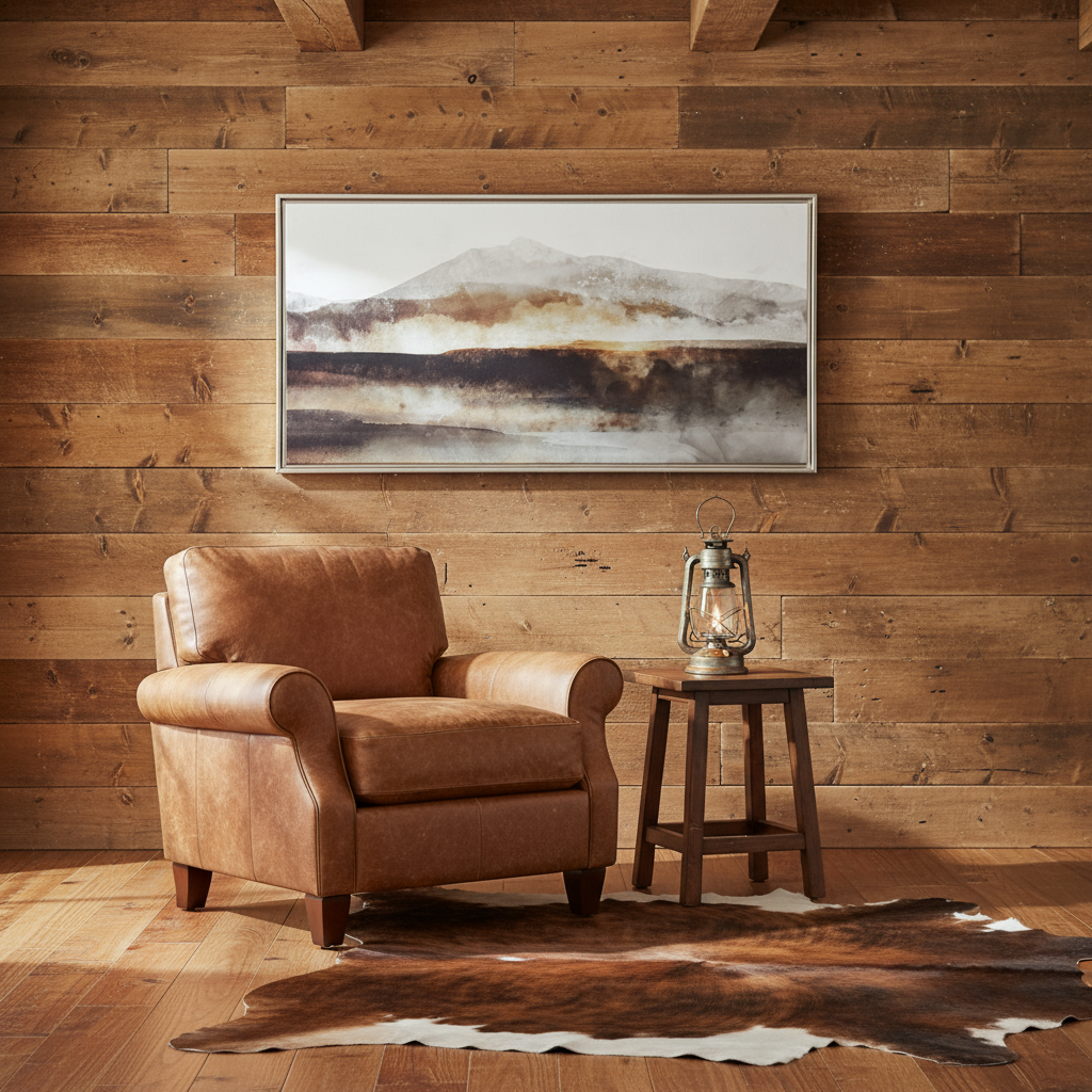 Brown leather armchair in a room with wooden walls and a framed abstract painting.