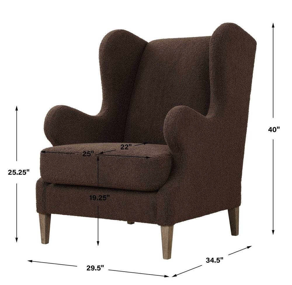 Plush faux shearling accent chair in chocolate with a unique serpentine shape and sturdy solid wood base.