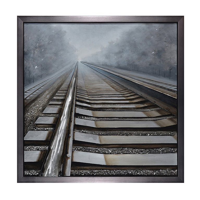 Framed photograph of railway tracks converging into a vanishing point