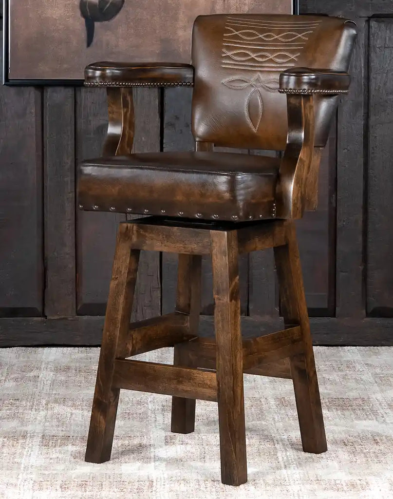Side view of the barstool showcasing the alder wood frame with a luxurious black walnut stain.