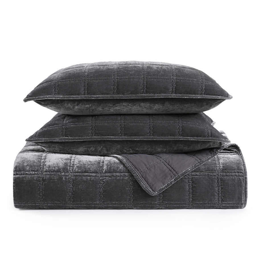 Slate Faux Silk Velvet Quilt Set featuring luxurious double box stitch quilting in a cool slate gray hue.