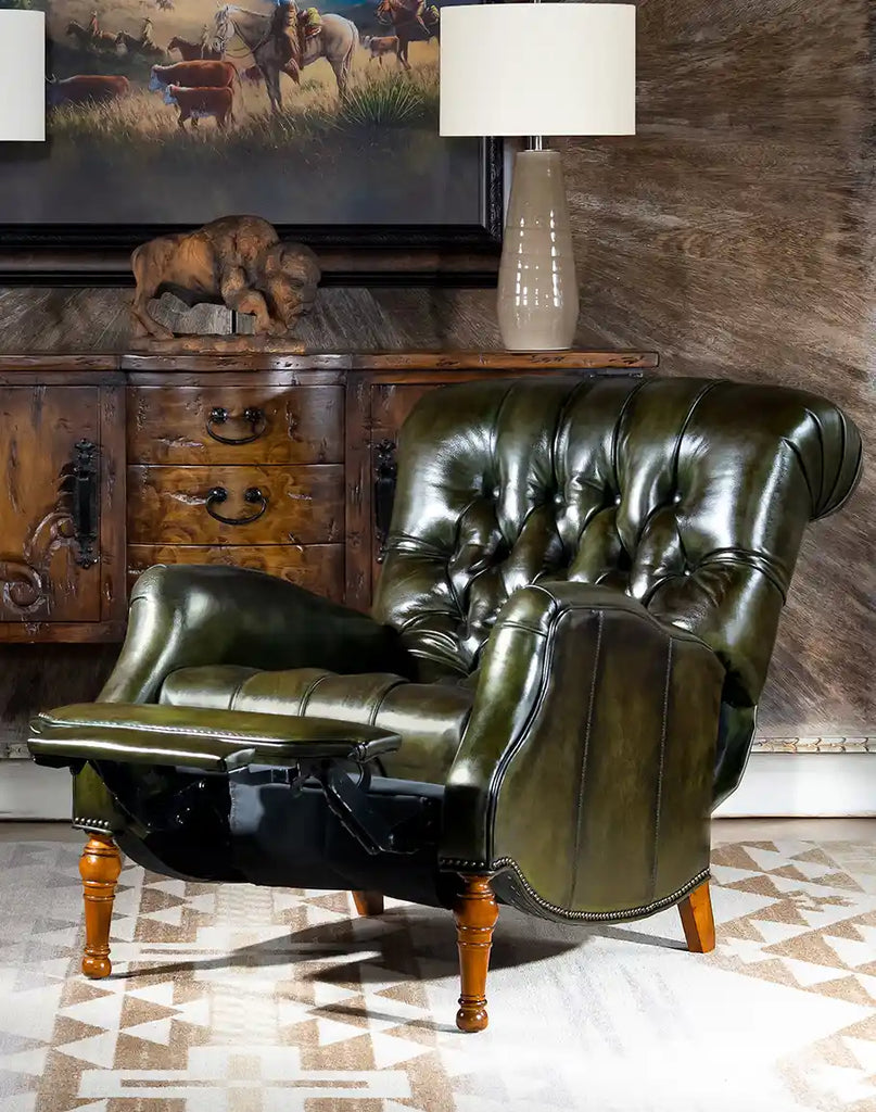 The recliner in a fully reclined position, demonstrating its exceptional comfort and ergonomic support.