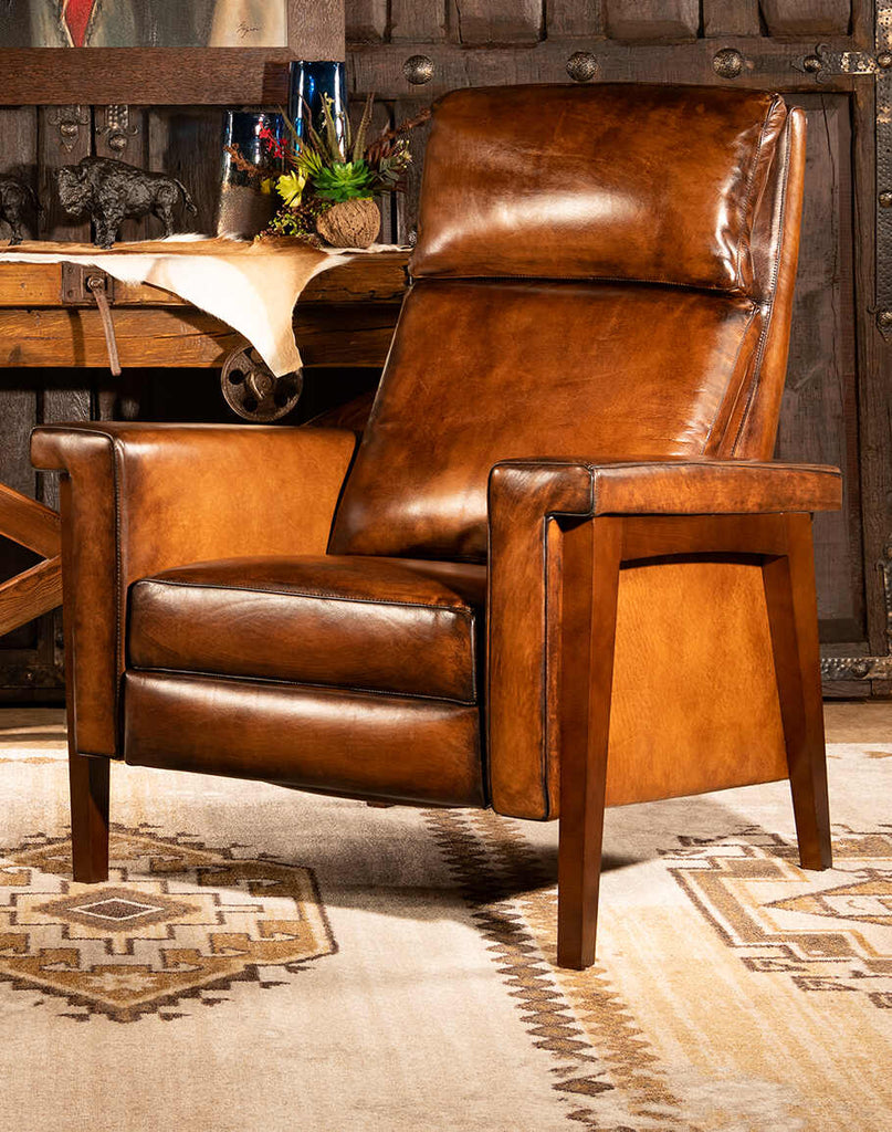 Snyder Mocha Leather Recliner showcasing its rich mocha leather upholstery, plush cushioning, and classic design.