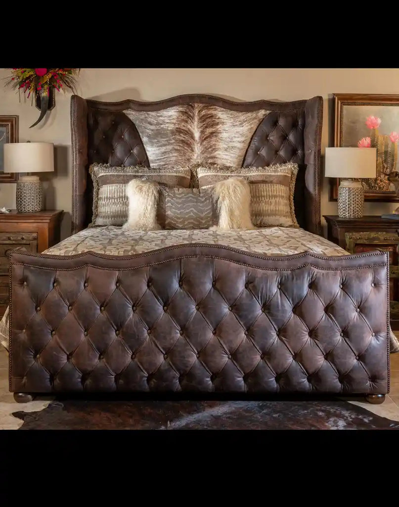 Sogni De Oro Italian Bed showcasing its full-grain Italian leather upholstery and brindle cowhide accents.