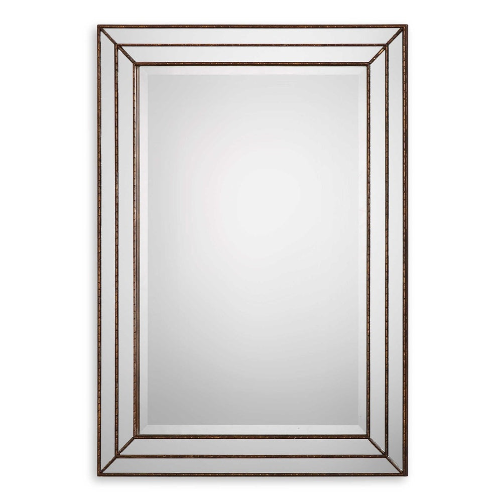 Elegant rectangular mirror with spider web-inspired frame in metallic bronze and a 1" beveled center.