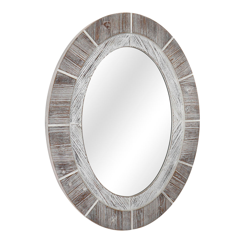 Oval mirror with a wooden frame on a white background