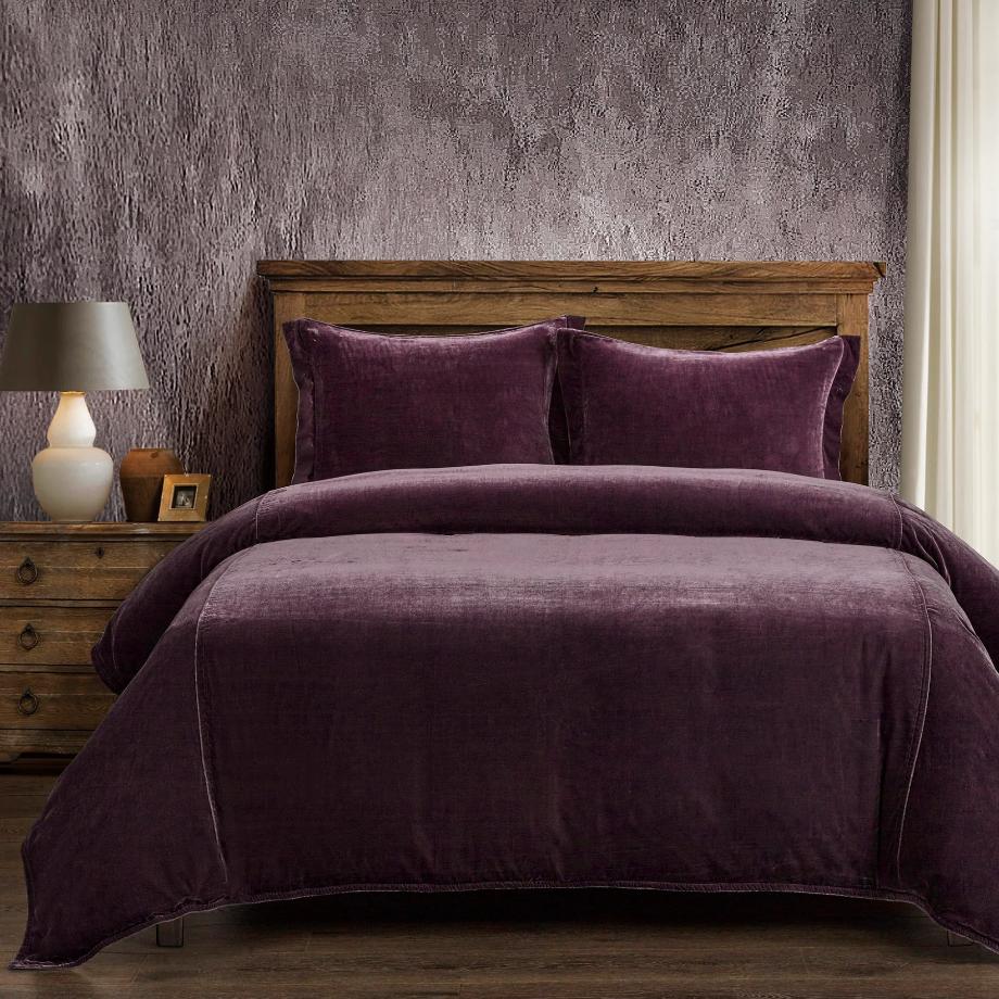 Stella Dark Violet Faux Silk Velvet Duvet Cover Set, featuring a luxurious faux silk velvet texture with a soft sheen, complemented by matching pillow shams.​