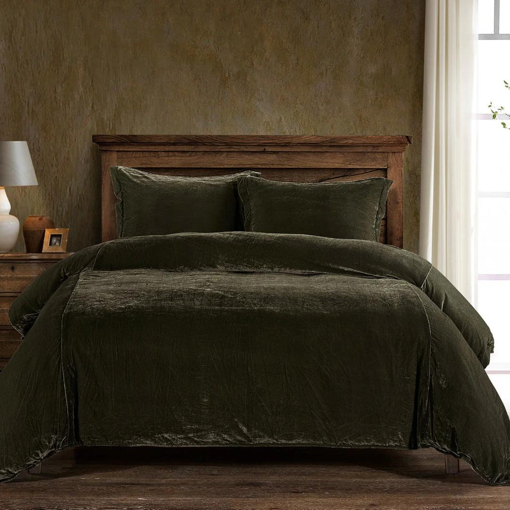 Stella Fern Green Faux Silk Velvet Duvet Cover Set, featuring a luxurious faux silk velvet texture with a soft sheen, complemented by matching pillow shams.