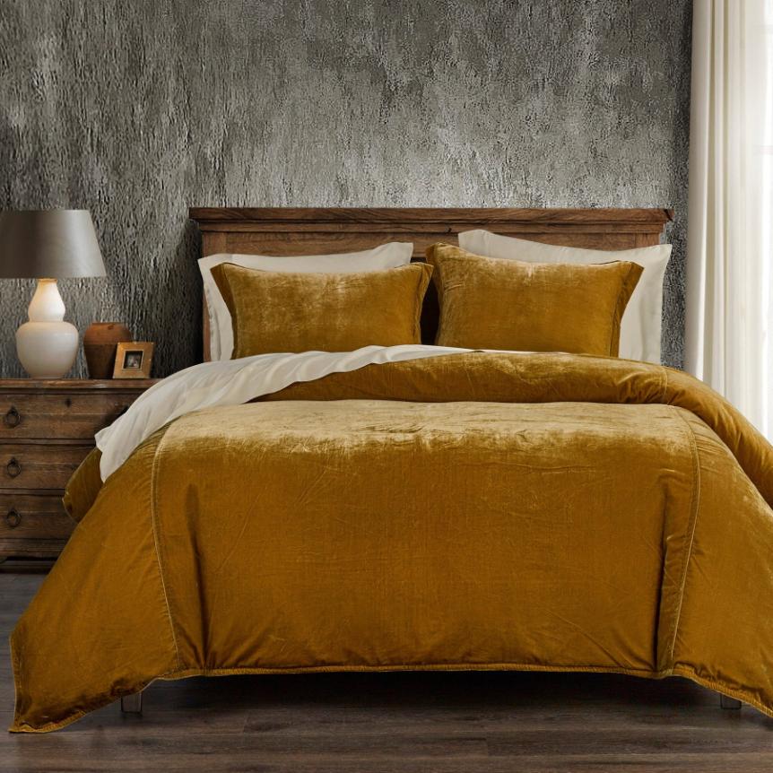 Stella Saffron Faux Silk Velvet Duvet Cover Set, featuring a luxurious faux silk velvet texture with a soft sheen, complemented by matching pillow shams.