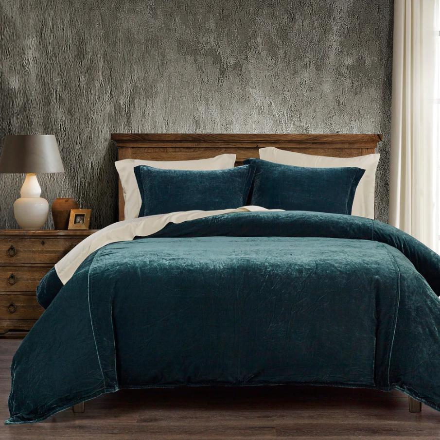 Stella Faux Silk Velvet Duvet Cover Set in Storm Blue, featuring a luxurious faux silk velvet texture with a soft sheen, complemented by matching pillow shams.