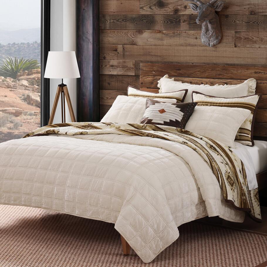 Queen-sized Stone Faux Silk Velvet Quilt Set featuring a luxurious double box stitch pattern in a soft, neutral stone hue.