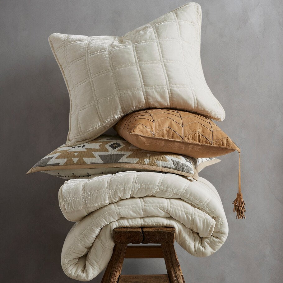 Stone Faux Silk Velvet Quilt Set displayed with coordinating pillow shams, highlighting the cohesive design and elegant stitching.